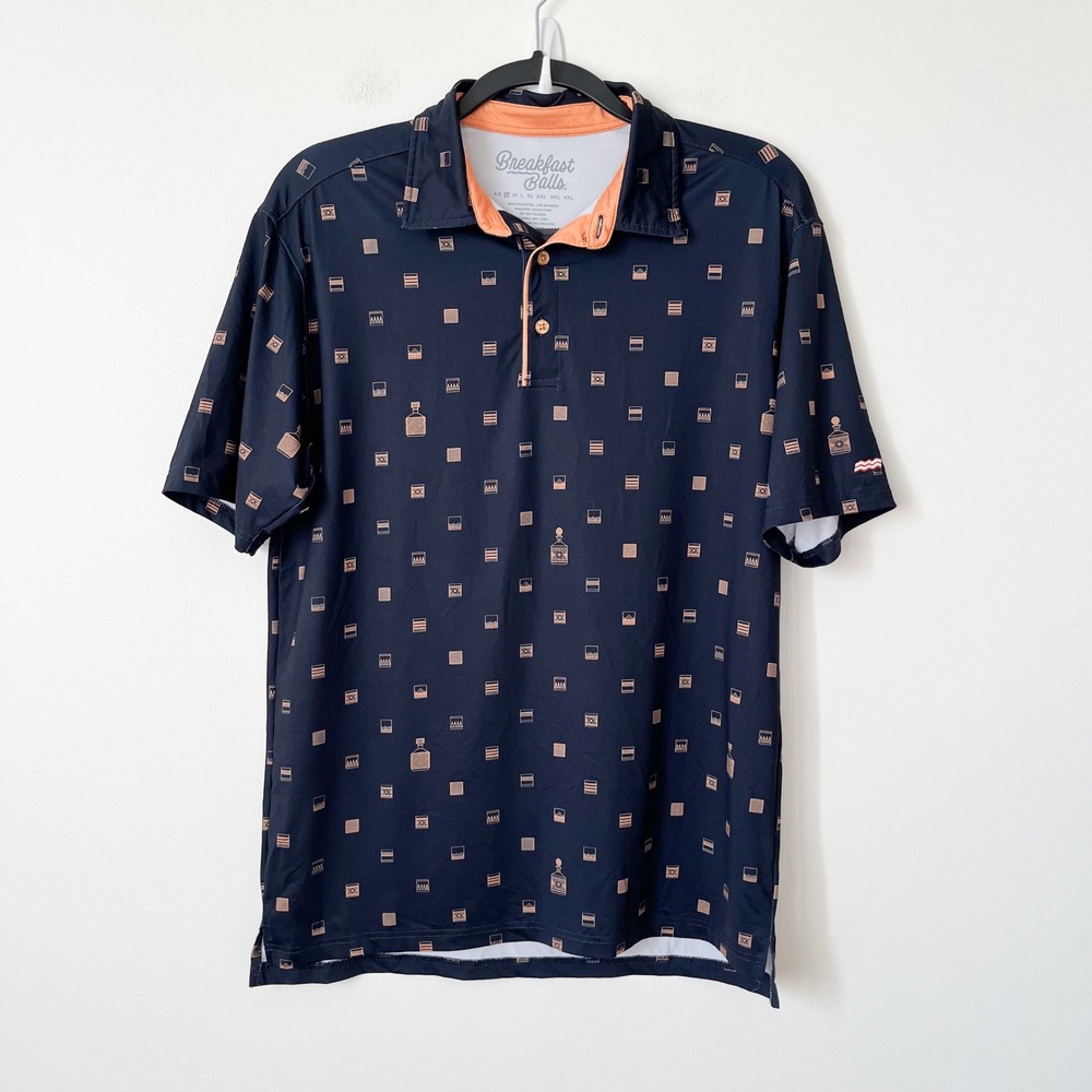 Breakfast Balls RSVLTS Golf Polo All Over Cocktail Print Navy Orange Mens Small